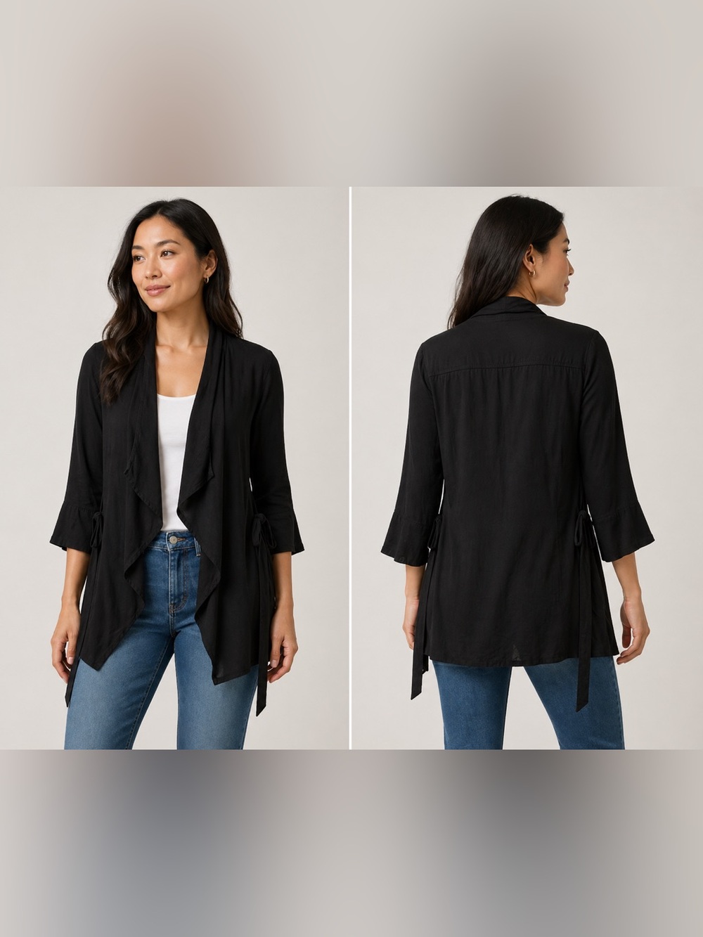 Cabi Black Kimono Jacket‎ Tie Front 3/4 Sleeve Sz XS Woven Polyester Rayon